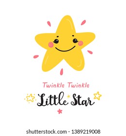 T-shirt Print Design for Kids with Cute Smiling Star and "Twinkle Twinkle Little Star" Phrase. Scandinavian Poster for Kids Fashion, Nursery, Baby Shower Print or Poster, Pajamas Party