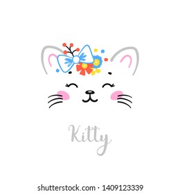 T-shirt Print Design for Kids with Cute Cat in Floral Wreath with Bow. Doodle Little Kitten Face and Kitty word. Cartoon Animal Vector illustration. Scandinavian Print or Poster Design, Baby Shower