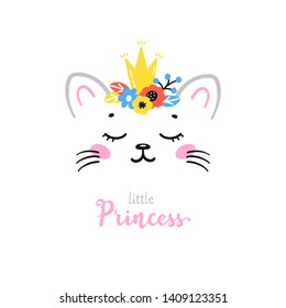 T-shirt Print Design for Kids with Cute Cat in Floral Wreath Crown. Doodle Kitten Face and Little Princess word. Cartoon Animal Vector illustration. Scandinavian Print or Poster Design, Baby Shower
