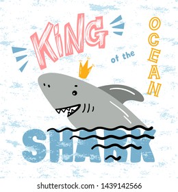 T-shirt Print Design for Kids with Cute Smiling King Shark. Cartoon Doodle Funny Shark Face Vector Card. Scandinavian Nursery Print or Poster Design