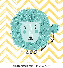 T-shirt print design for kids fashion with Cute Floral Lion. Hand drawn doodle Lion Head with Dandelion Flower Mane. Summer card. Cartoon Animal vector illustration. Print or Poster for Children