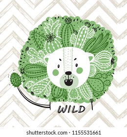 T-shirt print design for kids fashion with Cute Floral Lion. Hand drawn doodle Lion Head with Cactus Flower Mane. Summer card. Cartoon Animal vector illustration. Print or Poster for Children