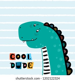 T-shirt print design for kids fashion with Cute Dinosaur and "Cool Dude" Phrase. Cheerful Dinosaur Cartoon Animal vector illustration. Print or Poster for Children