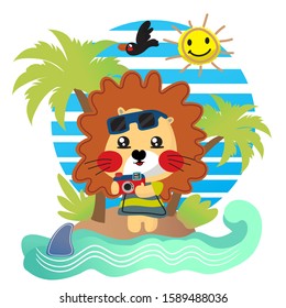 T-shirt print design for kids fashion with Cute  Lion Head with Flower Mane. Summer card. Cartoon Animal vector illustration. Print or Poster for Children.