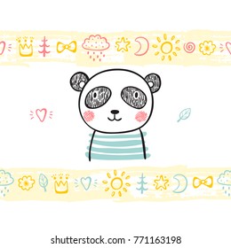 T-shirt print design for kids with hand drawn doodle cute baby Panda and paint brush strokes seamless horizontal borders with toys. Baby shower card. Cartoon Animal vector illustration