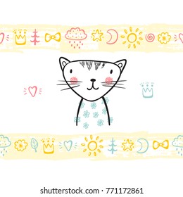 T-shirt print design for kids with hand drawn doodle cute baby cat and paint brush strokes seamless horizontal borders with toys. Baby shower card. Cartoon Animal vector illustration