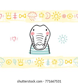 T-shirt print design for kids with hand drawn doodle cute baby crocodile and paint brush strokes seamless horizontal borders with toys. Baby shower card. Cartoon Animal vector illustration