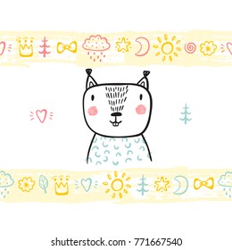 T-shirt print design for kids with hand drawn doodle cute baby Squirrel and paint brush strokes seamless horizontal borders with toys. Baby shower card. Cartoon Animal vector illustration