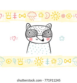 T-shirt print design for kids with hand drawn doodle cute baby raccoon and paint brush strokes seamless horizontal borders with toys. Baby shower card. Cartoon Animal vector illustration