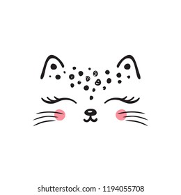 T-shirt print design for kids with little cute leopard cat. Doodle kitten face. Cartoon Animal vector illustration.  Scandinavian print or poster design, Baby shower greeting card.