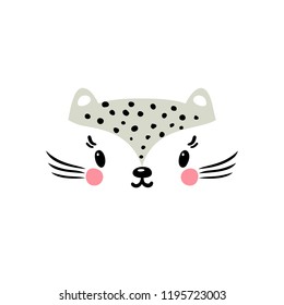 T-shirt print design for kids with little cute leopard cat. Doodle kitten face. Cartoon Animal vector illustration. Scandinavian print or poster design, Baby shower greeting card.