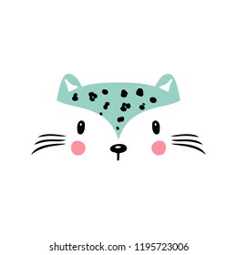 T-shirt print design for kids with little cute leopard cat. Doodle kitten face. Cartoon Animal vector illustration. Scandinavian print or poster design, Baby shower greeting card.