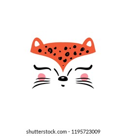 T-shirt print design for kids with little cute leopard cat. Doodle kitten face. Cartoon Animal vector illustration. Scandinavian print or poster design, Baby shower greeting card.