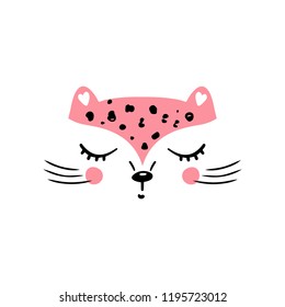 T-shirt print design for kids with little cute leopard cat. Doodle kitten face. Cartoon Animal vector illustration. Scandinavian print or poster design, Baby shower greeting card.