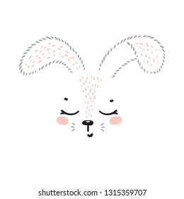 T-shirt Print Design for Kids with Little Cute Bunny Head. Easter Rabbit Face. Cartoon Animal Vector Illustration. Baby Shower Scandinavian Poster Design 