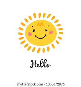 T-shirt Print Design for Kids with Little Cute Smiling Sun Icon and "Hello" Word. Cartoon Doodle Funny Sun Face Vector Illustration. Scandinavian print or poster design, Baby shower greeting card. 