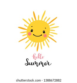 T-shirt Print Design for Kids with Little Cute Smiling Sun Icon and "Hello Summer" Word. Cartoon Doodle Funny Sun Face Vector Illustration. Scandinavian print or poster design, Baby shower