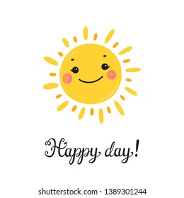 T-shirt Print Design for Kids with Little Cute Smiling Sun Icon and "Happy Day" Word. Cartoon Doodle Funny Sun Face Vector Illustration. Scandinavian print or poster design, Baby shower greeting card.