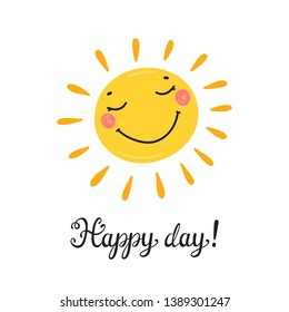 T-shirt Print Design for Kids with Little Cute Smiling Sun Icon and "Happy Day" Word. Cartoon Doodle Funny Sun Face Vector Illustration. Scandinavian print or poster design, Baby shower greeting card.