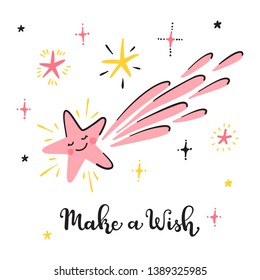 T-shirt Print Design for Kids with Little Cute Falling Star and "Make a Wish" Word. Cartoon Comet Vector Illustration. Shooting Stars Scandinavian Poster for Nursery Design, Baby Shower Card