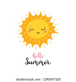 T-shirt Print Design for Kids with Little Cute Smiling Sun Icon and "Hello Summer" Word. Cartoon Doodle Funny Sun Face Vector Illustration. Scandinavian print or poster design, Baby shower