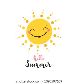 T-shirt Print Design for Kids with Little Cute Smiling Sun Icon and "Hello Summer" Word. Cartoon Doodle Funny Sun Face Vector Illustration. Scandinavian print or poster design, Baby shower