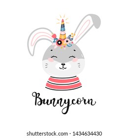 T-shirt Print Design for Kids with Little Funny Bunnycorn. Doodle Magic Cute Unicorn Bunny, Rabbit or Hare with Flower Horn. Cartoon Animal Vector illustration. Scandinavian Poster, Baby Shower