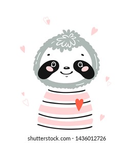 T-shirt Print Design for Kids with Little Cute Sloth Head with Hearts. Sloth Face. Doodle Cartoon Kawaii Animal Vector Illustration. Scandinavian Print or Poster Design, Baby Shower Greeting Card