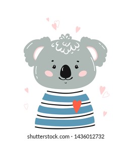 T-shirt Print Design for Kids with Little Cute Koala Head with Hearts. Koala Bear Face. Doodle Cartoon Kawaii Animal Vector Illustration. Scandinavian Print or Poster Design, Baby Shower Greeting Card