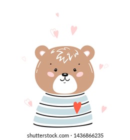 T-shirt Print Design for Kids with Little Cute Brown Bear Head with Hearts. Teddy Bear Face. Doodle Cartoon Kawaii Animal Vector Illustration. Scandinavian Print or Poster Design, Baby Shower Card