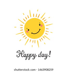 T-shirt Print Design for Kids with Little Cute Smiling Sun Icon. Cartoon Doodle Funny Happy Sun Face Vector Illustration. Scandinavian print or poster design, Baby shower greeting card. Happy Day