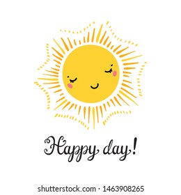 T-shirt Print Design for Kids with Little Cute Smiling Sun Icon. Cartoon Doodle Funny Happy Sun Face Vector Illustration. Scandinavian print or poster design, Baby shower greeting card. Happy Day