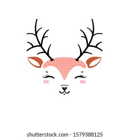 T-shirt Print Design for Kids with Little Deer Face. Vector Cute Reindeer Head. Doodle Cartoon Kawaii Animal Vector Illustration. Scandinavian Print or Poster Design, Baby Shower Greeting Card