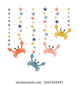 T-shirt Print Design for Kids with Little Cute Crabs. Cartoon Sea Animal. Childish poster design, Baby Shower Greeting Card. Handmade. Hand drawing. Not AI. Vector illustration