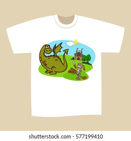 T-shirt Print Design Knight vs Dragon Vector Illustration