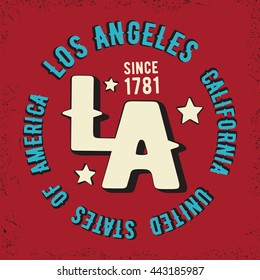 T-shirt print design. Los Angeles vintage stamp. Printing and badge, applique, label for t-shirts, jeans, casual wear. Vector illustration.