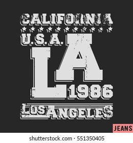 T-shirt print design. Los Angeles vintage stamp. Printing and badge applique label t-shirts, jeans, casual wear. Vector illustration