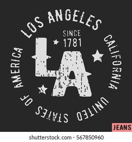 T-shirt print design. Los Angeles vintage stamp. Printing and badge applique label t-shirts, jeans, casual wear. Vector illustration