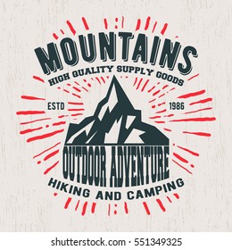 T-shirt print design. Mountains vintage stamp. Printing and badge applique label t-shirts, jeans, casual wear. Vector illustration