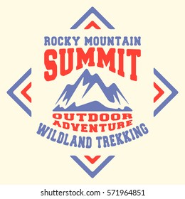 T-shirt print design. Mountains vintage stamp. Printing and badge applique label t-shirts, jeans, casual wear. Vector illustration.