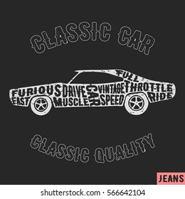 T-shirt print design. Muscle car vintage stamp. Printing and badge applique label t-shirts, jeans, casual wear. Vector illustration.