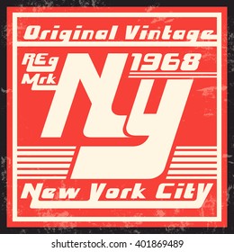 T-shirt print design. New York City vintage stamp. Printing and badge applique label t-shirts, jeans, casual wear. Vector illustration.