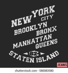 T-shirt print design. New York City vintage stamp. Printing and badge, applique, label for t-shirts, jeans, casual wear. Vector illustration.