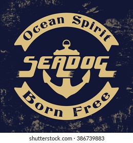 T-shirt print design. Ocean spirit vintage stamp. Printing and badge applique label t-shirts, jeans, casual wear. Vector illustration.