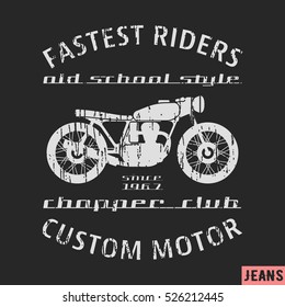 T-shirt print design. Old motorcycle vintage stamp. Printing and badge applique label t-shirts, jeans, casual wear. Vector illustration