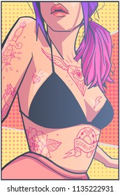 T-shirt print design old school tattoo body art model girl comic style drawing