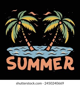 T-shirt print design with palm trees and text Summer on black background Vector illustration