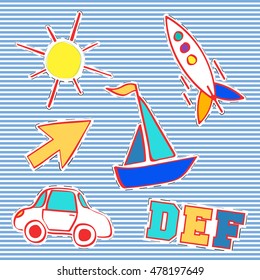 T-shirt print design. Patch fashion, vintage stamp. Printing and badge applique label t-shirts, jeans, casual wear. Arrow, yacht, rocket, car and sun. Vector illustration.