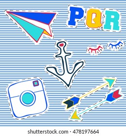 T-shirt print design. Patch fashion, vintage stamp. Printing and badge applique label t-shirts, jeans, casual wear. Paper plane, retro camera, two arrows, eye and anchor. Vector illustration.