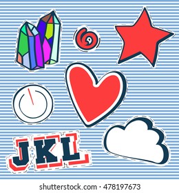 T-shirt print design. Patch fashion, vintage stamp. Printing and badge applique label t-shirts, jeans, casual wear. Crystal, star, heart, and cloud. Vector illustration.
